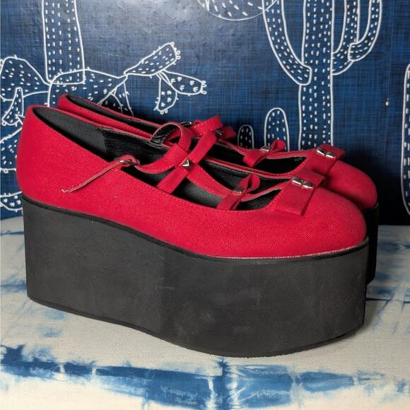 Demonia Shoes - Demonia Click 08 T Strap Platform Sandals Shoes Red Canvas Women's Fits 7.5